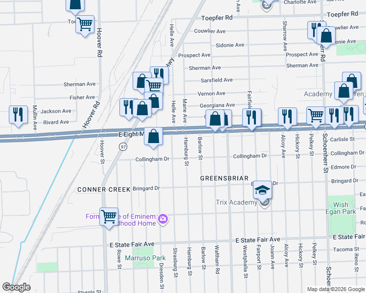 map of restaurants, bars, coffee shops, grocery stores, and more near 12510 8 Mile Road in Detroit
