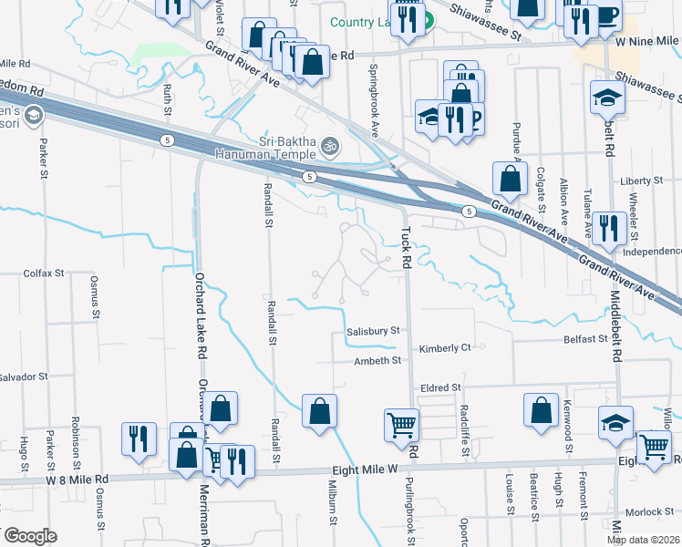 map of restaurants, bars, coffee shops, grocery stores, and more near 21450 Archwood Circle in Farmington Hills
