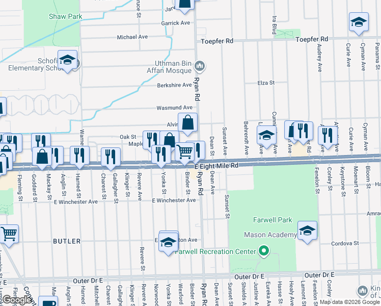 map of restaurants, bars, coffee shops, grocery stores, and more near 20745 Ryan Road in Warren