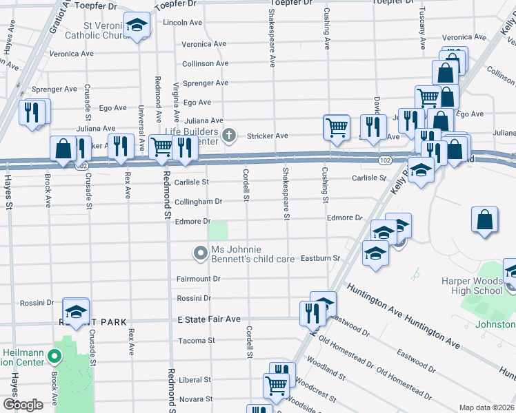 map of restaurants, bars, coffee shops, grocery stores, and more near 16453 Collingham Drive in Detroit