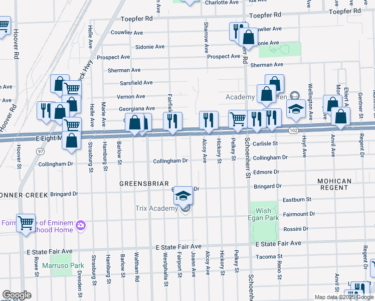 map of restaurants, bars, coffee shops, grocery stores, and more near 20535 Joann Avenue in Detroit