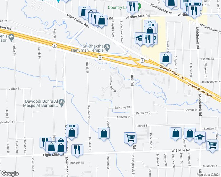 map of restaurants, bars, coffee shops, grocery stores, and more near 21450 Archwood Circle in Farmington Hills