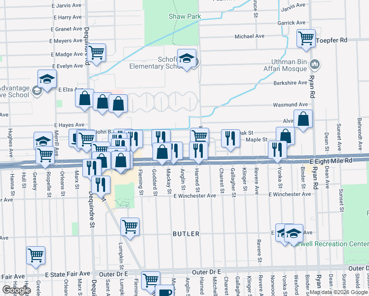 map of restaurants, bars, coffee shops, grocery stores, and more near 2817 Emmons Avenue in Warren