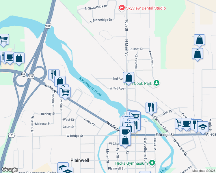 map of restaurants, bars, coffee shops, grocery stores, and more near 145 2nd Avenue in Plainwell