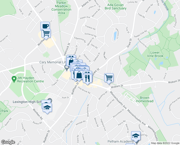 map of restaurants, bars, coffee shops, grocery stores, and more near 8 Grant Place in Lexington