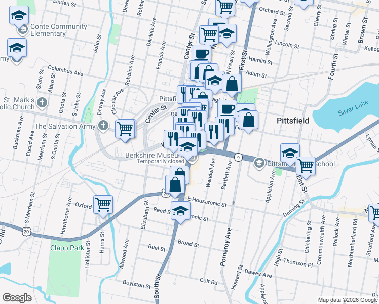 map of restaurants, bars, coffee shops, grocery stores, and more near 0 Highway 9 in Pittsfield