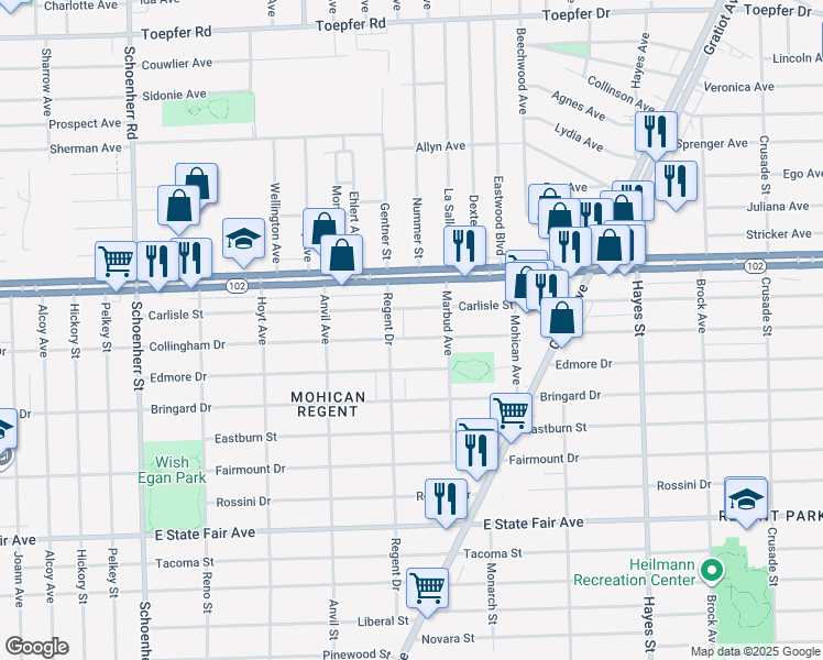 map of restaurants, bars, coffee shops, grocery stores, and more near 20532 Regent Drive in Detroit