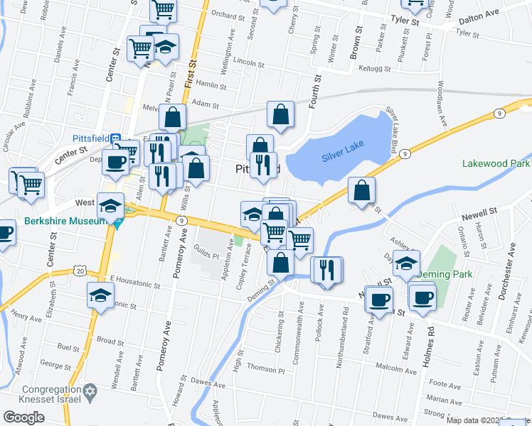 map of restaurants, bars, coffee shops, grocery stores, and more near 28 4th Street in Pittsfield