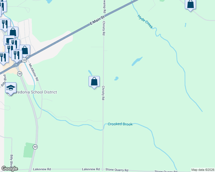 map of restaurants, bars, coffee shops, grocery stores, and more near 10280 Christy Road in Fredonia