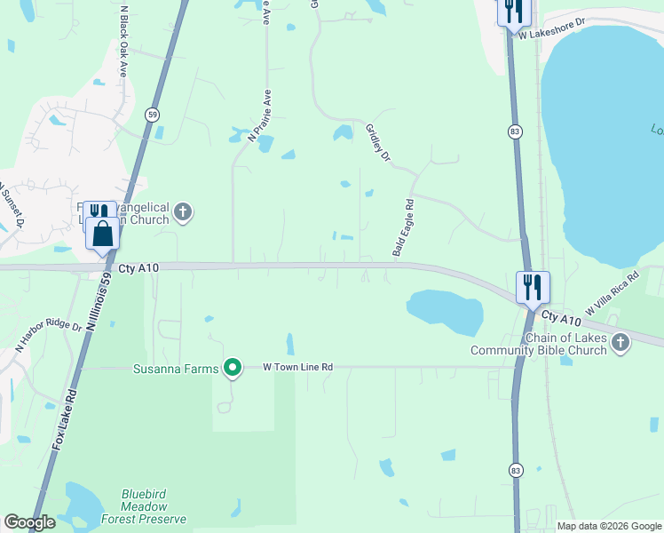 map of restaurants, bars, coffee shops, grocery stores, and more near 23946 West Grass Lake Road in Antioch