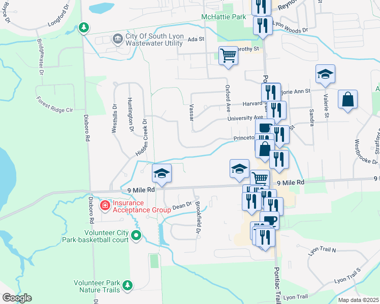 map of restaurants, bars, coffee shops, grocery stores, and more near 401 Princeton Drive in South Lyon