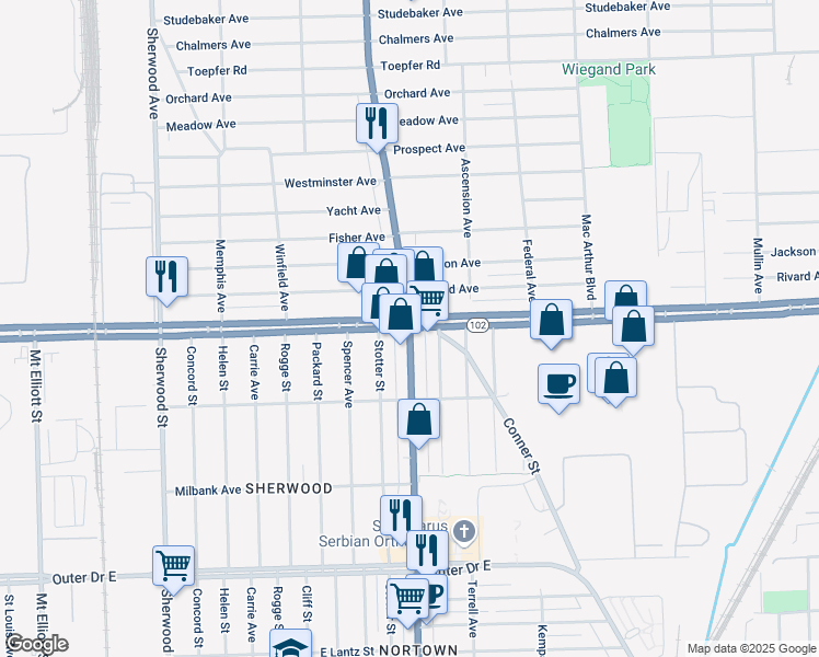 map of restaurants, bars, coffee shops, grocery stores, and more near Van Dyke Ave & 8 Mile Rd E in Warren