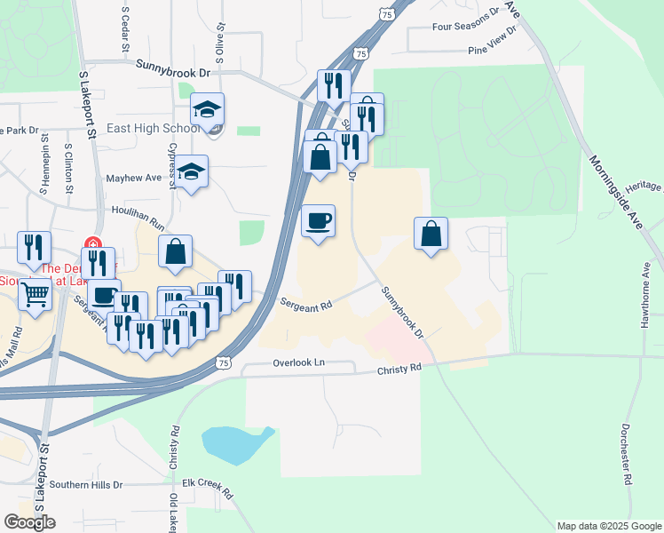 map of restaurants, bars, coffee shops, grocery stores, and more near 5775 Sunnybrook Drive in Sioux City