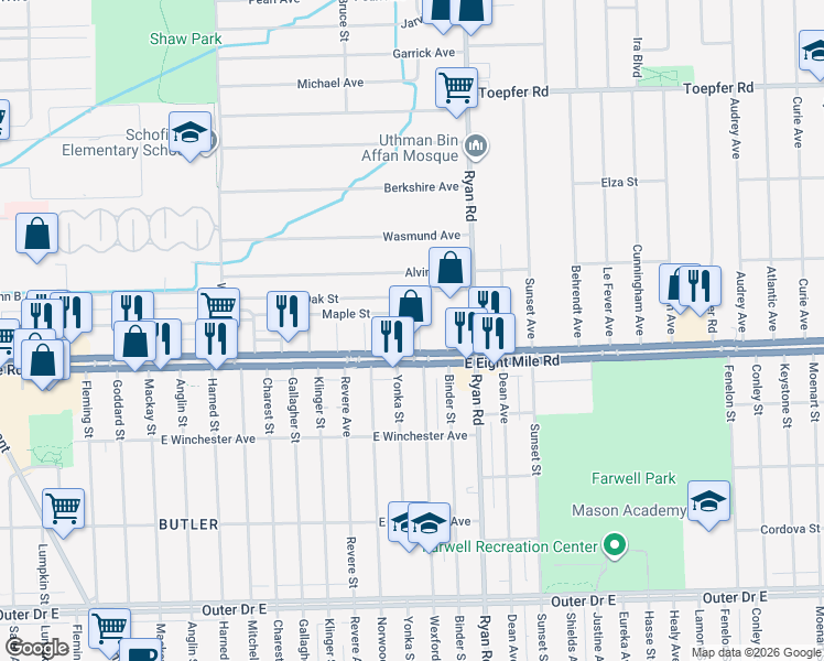 map of restaurants, bars, coffee shops, grocery stores, and more near 3812 Maple Street in Warren