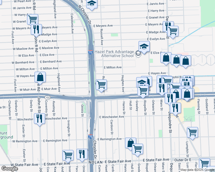 map of restaurants, bars, coffee shops, grocery stores, and more near 1132 East George Avenue in Hazel Park
