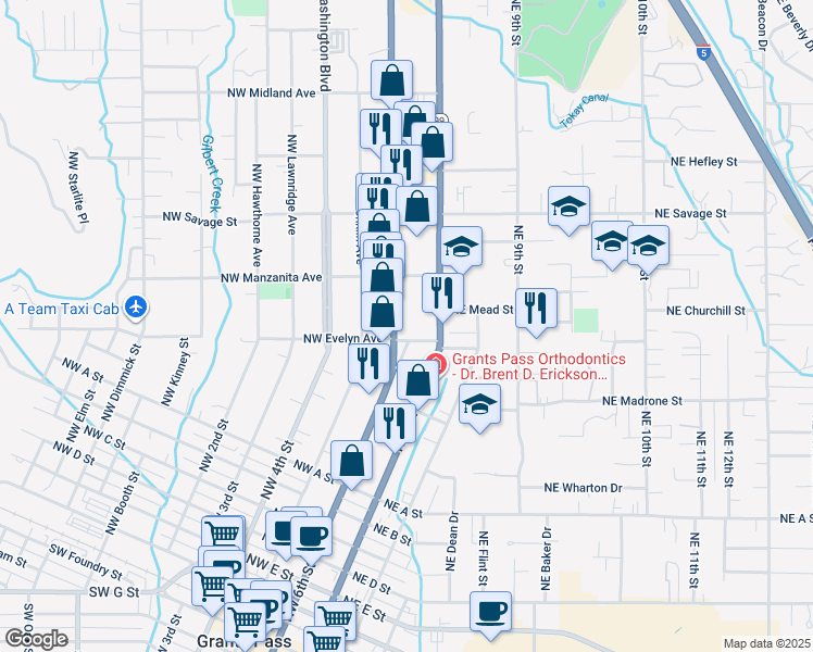 map of restaurants, bars, coffee shops, grocery stores, and more near 1021 NE 6th St in Grants Pass