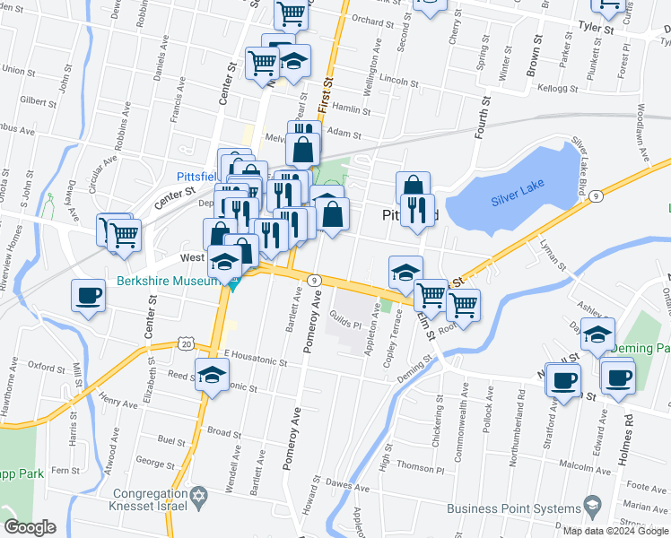 map of restaurants, bars, coffee shops, grocery stores, and more near 235 East Street in Pittsfield