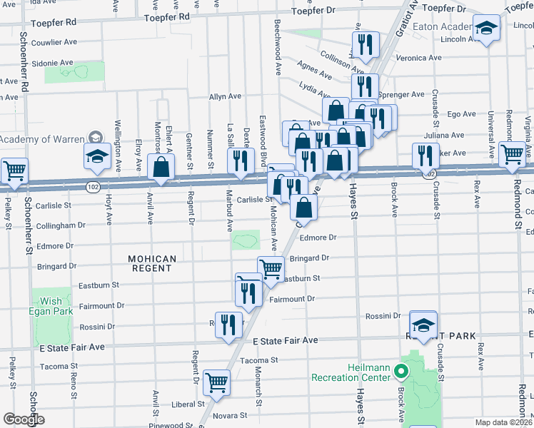 map of restaurants, bars, coffee shops, grocery stores, and more near 14720 Carlisle Street in Detroit