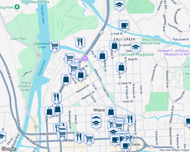map of restaurants, bars, coffee shops, grocery stores, and more near 412 Lake Avenue in Ithaca