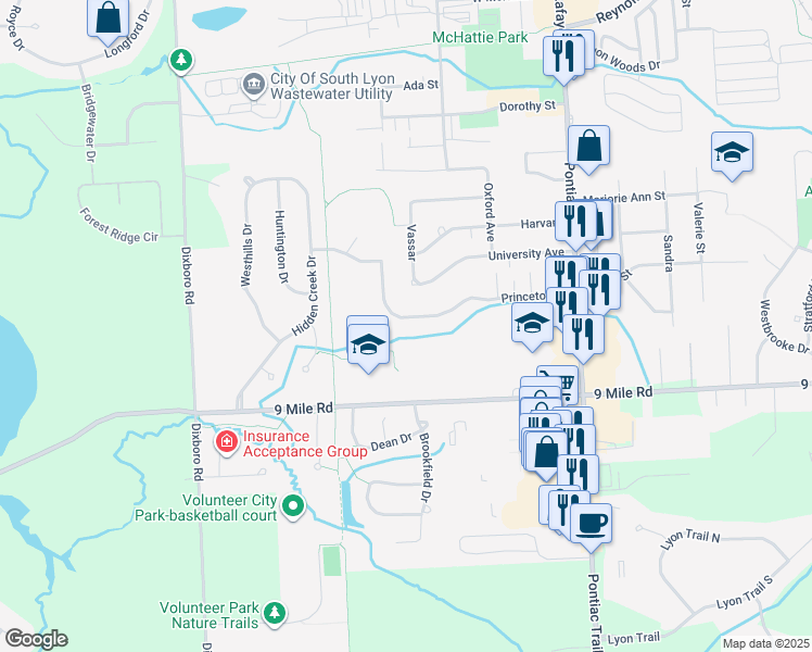 map of restaurants, bars, coffee shops, grocery stores, and more near 401 Princeton Drive in South Lyon
