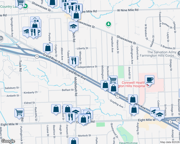 map of restaurants, bars, coffee shops, grocery stores, and more near 21431 Jefferson Street in Farmington Hills