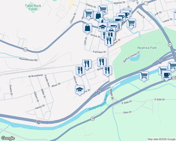 map of restaurants, bars, coffee shops, grocery stores, and more near 1-9 Ann Street in Oneonta