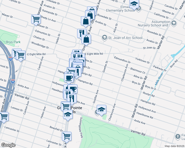 map of restaurants, bars, coffee shops, grocery stores, and more near 1800 Roslyn Road in Grosse Pointe Woods