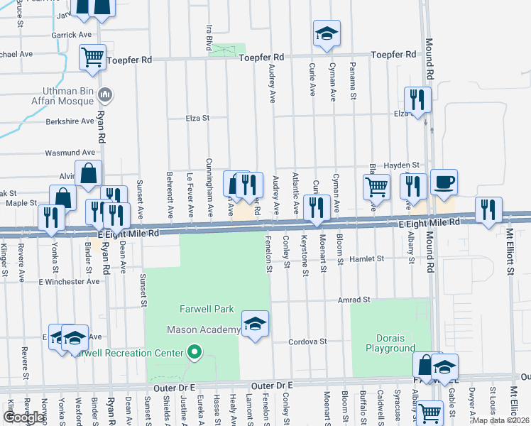 map of restaurants, bars, coffee shops, grocery stores, and more near 4925 East 8 Mile Road in Warren