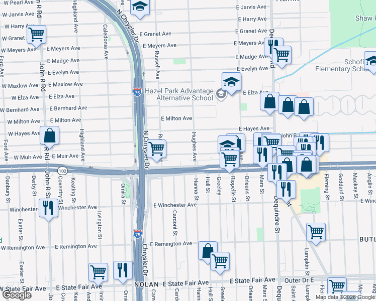 map of restaurants, bars, coffee shops, grocery stores, and more near 1306 East George Avenue in Hazel Park