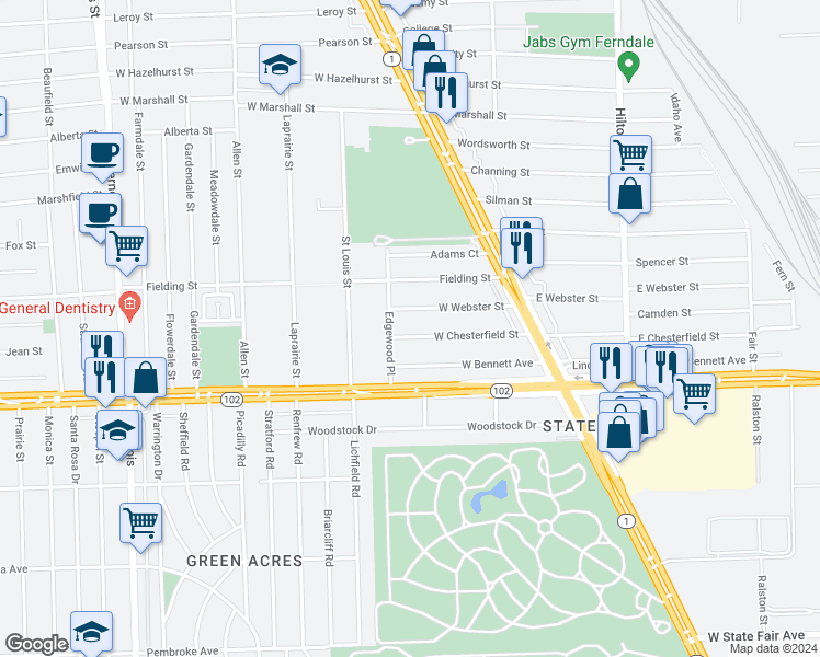 map of restaurants, bars, coffee shops, grocery stores, and more near 387 West Webster Street in Ferndale