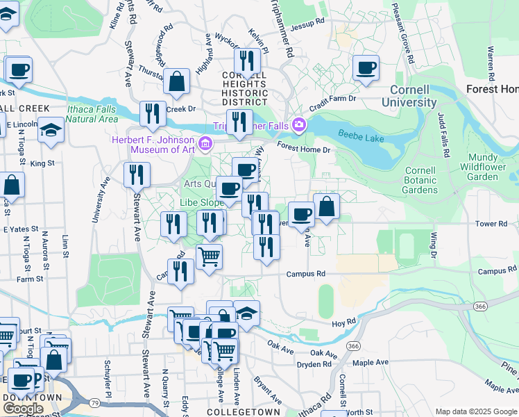 map of restaurants, bars, coffee shops, grocery stores, and more near East Ave in Ithaca