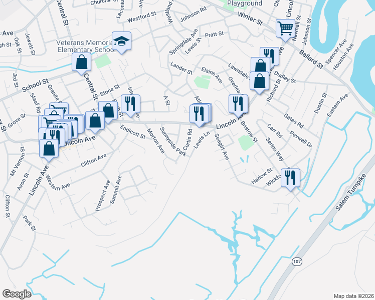 map of restaurants, bars, coffee shops, grocery stores, and more near 19 Lewis Lane in Saugus