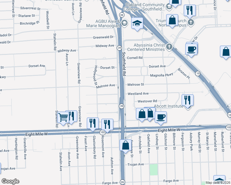 map of restaurants, bars, coffee shops, grocery stores, and more near in Southfield