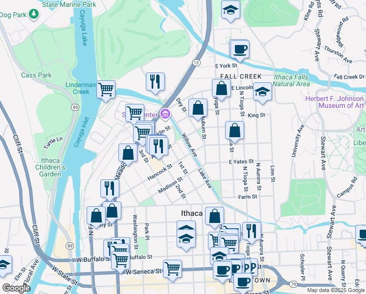 map of restaurants, bars, coffee shops, grocery stores, and more near 420 Lake Avenue in Ithaca