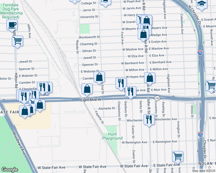 map of restaurants, bars, coffee shops, grocery stores, and more near 440 West George Avenue in Hazel Park