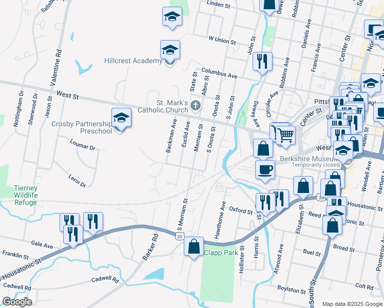 map of restaurants, bars, coffee shops, grocery stores, and more near 59 Euclid Ave in Pittsfield