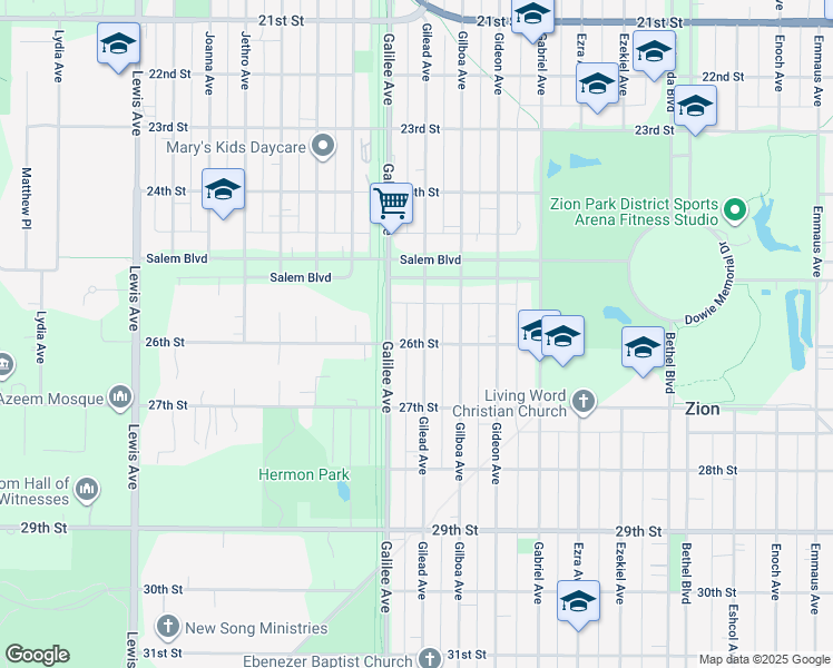 map of restaurants, bars, coffee shops, grocery stores, and more near 2540 Gilead Avenue in Zion