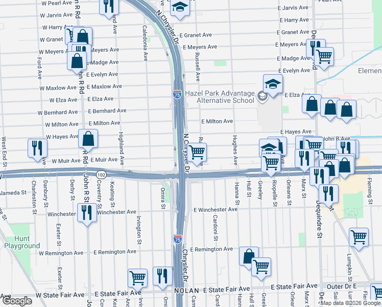 map of restaurants, bars, coffee shops, grocery stores, and more near 1004 East George Avenue in Hazel Park