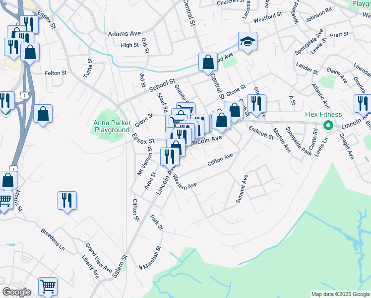 map of restaurants, bars, coffee shops, grocery stores, and more near 5 Essex Street in Saugus