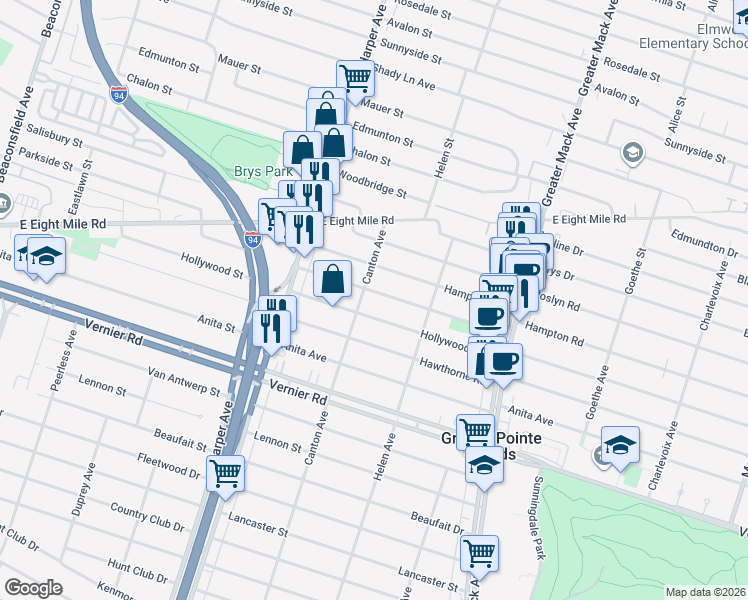 map of restaurants, bars, coffee shops, grocery stores, and more near 20948 Canton Avenue in Harper Woods