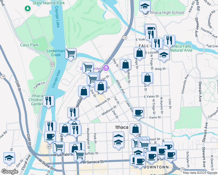map of restaurants, bars, coffee shops, grocery stores, and more near Adams Street & 1st Street in Ithaca