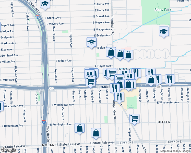 map of restaurants, bars, coffee shops, grocery stores, and more near 1645 East Muir Avenue in Hazel Park