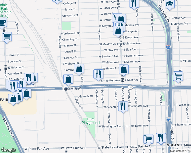 map of restaurants, bars, coffee shops, grocery stores, and more near 353 West George Avenue in Hazel Park