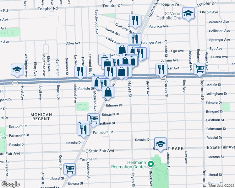 map of restaurants, bars, coffee shops, grocery stores, and more near 14961 Collingham Drive in Detroit