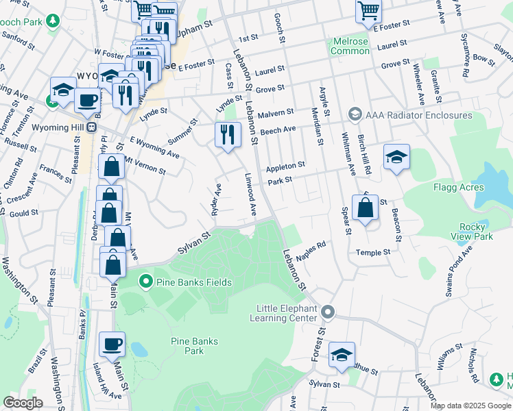 map of restaurants, bars, coffee shops, grocery stores, and more near 24 Linwood Avenue in Melrose