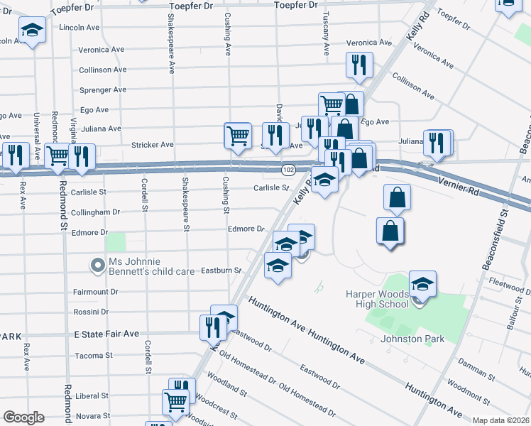 map of restaurants, bars, coffee shops, grocery stores, and more near 16907 Collingham Drive in Detroit