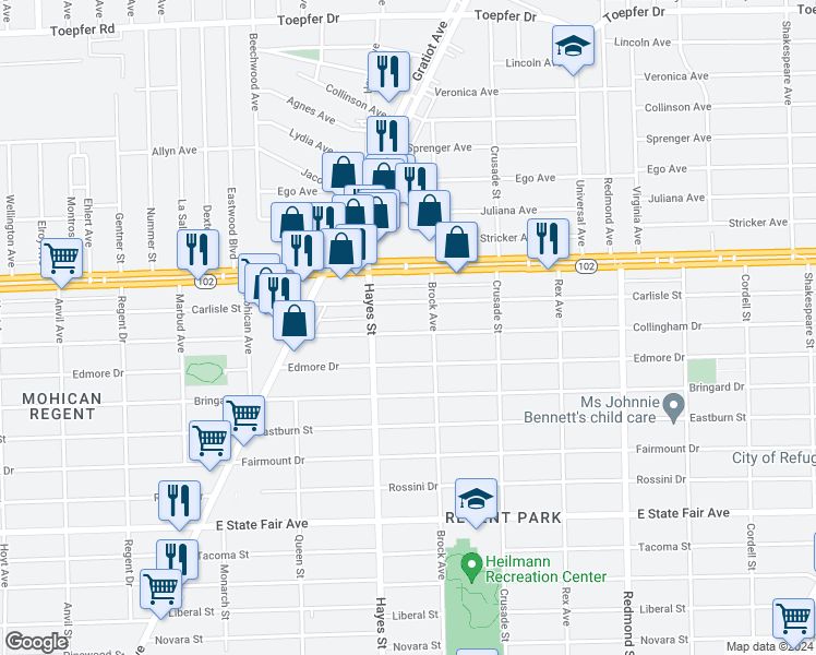 map of restaurants, bars, coffee shops, grocery stores, and more near 15241 Collingham Drive in Detroit