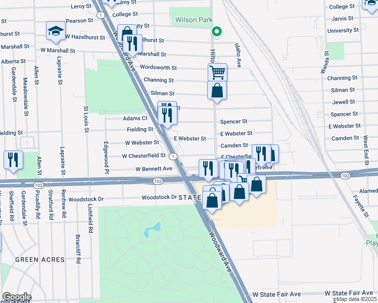 map of restaurants, bars, coffee shops, grocery stores, and more near 21322 Woodward Avenue in Ferndale