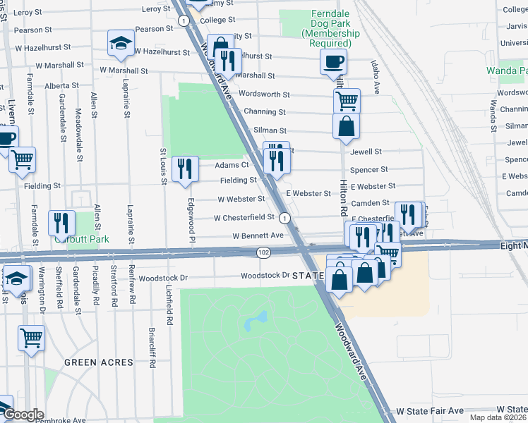 map of restaurants, bars, coffee shops, grocery stores, and more near 21355 Woodward Avenue in Ferndale