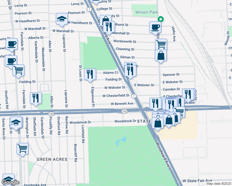 map of restaurants, bars, coffee shops, grocery stores, and more near 231 West Webster Street in Ferndale
